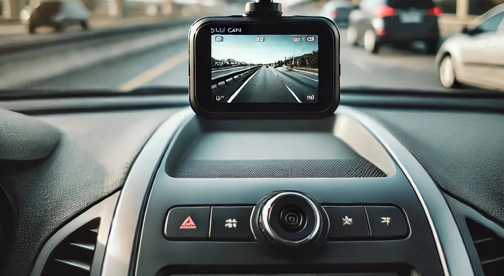 Dashcam on the dashboard of a car.