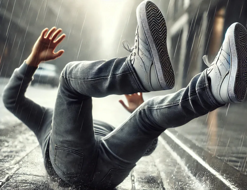 Man slipping and falling on a wet sidewalk.