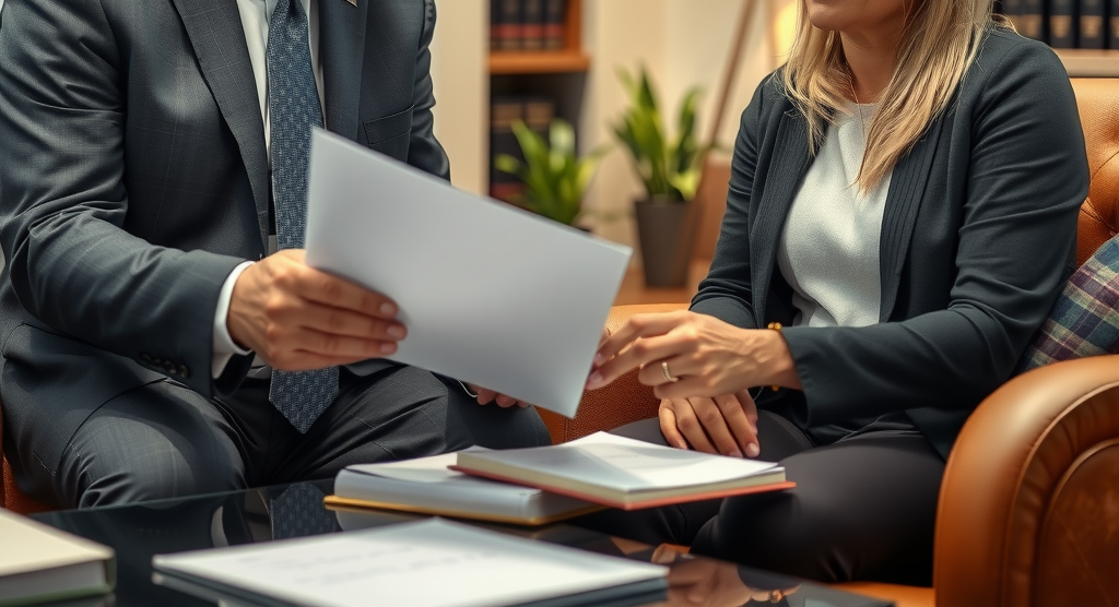 The lawyer is reviewing legal documents with the client, who has visible signs of concern